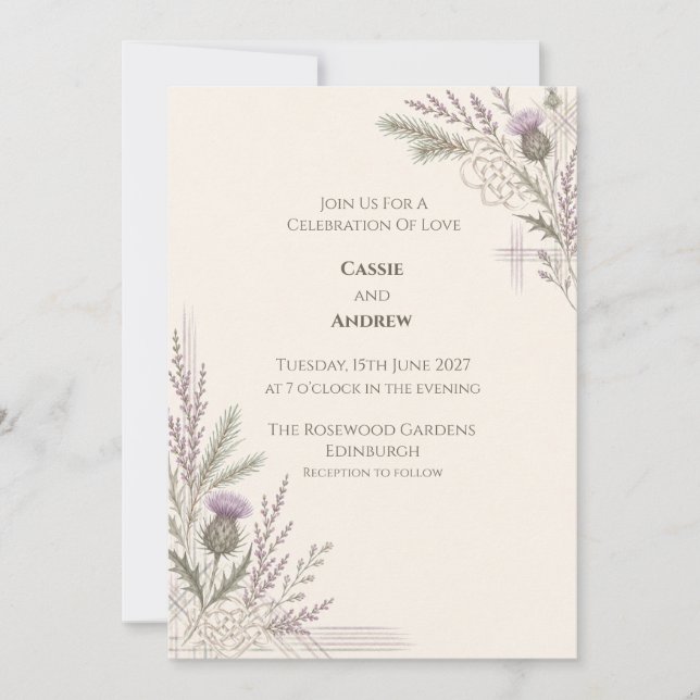 Minimal Scottish Thistle Heather Wedding Invitation (Front)