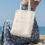 Minimal Script Bachelorette Bridal Party Tote Bag<br><div class="desc">This personalized Bachelorette custom Tote Bag design features pink handwritten script typography which can be changed to any colour. You can easily personalize the bride-to-be's name,  date,  bridemaid's nameusing the template provided. The perfect elegant accessory for a bachelorette party or bachelorette weekend!</div>