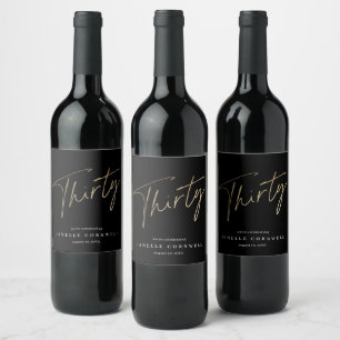 Minimal Script Black Gold 30th Birthday Party Wine Label