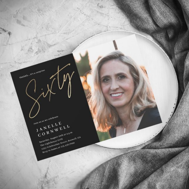 Minimal Script Black Gold Photo 60th Birthday Magnetic Invitation (Creator Uploaded)