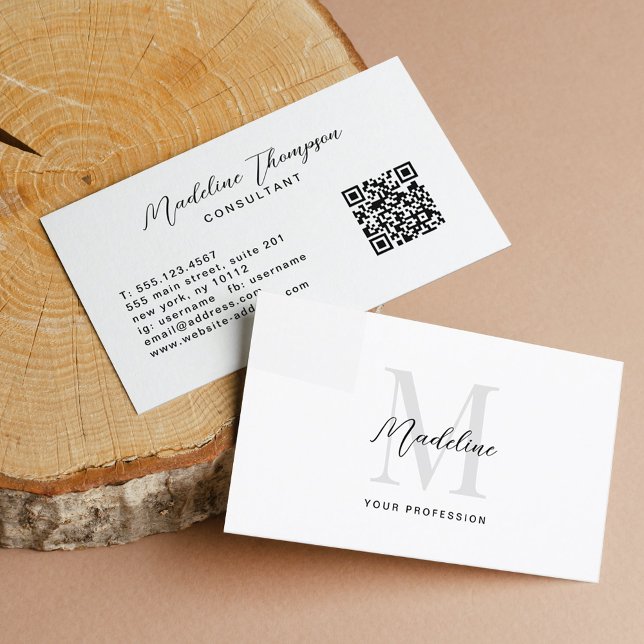 Minimal Script Black White Monogram QR Code Business Card (Creator Uploaded)