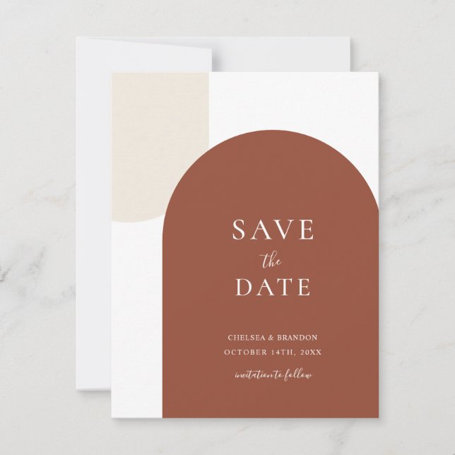 Minimal Script Boho Rustic Terracotta Arch Wedding Save The Date (Front)