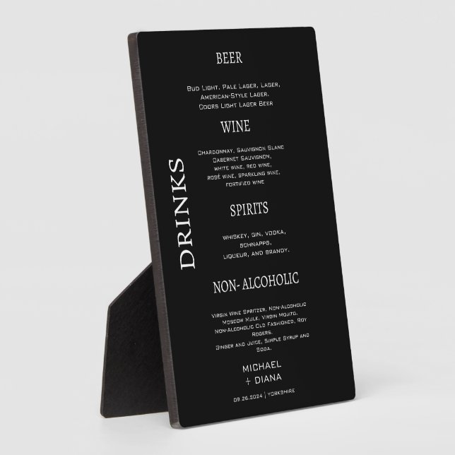 Minimal Script Bold Wedding Drinks Bar Black  Plaque (Side)