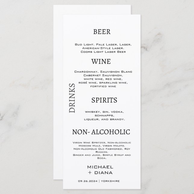 Minimal Script Bold Wedding Drinks Bar Custom  Menu (Front/Back)