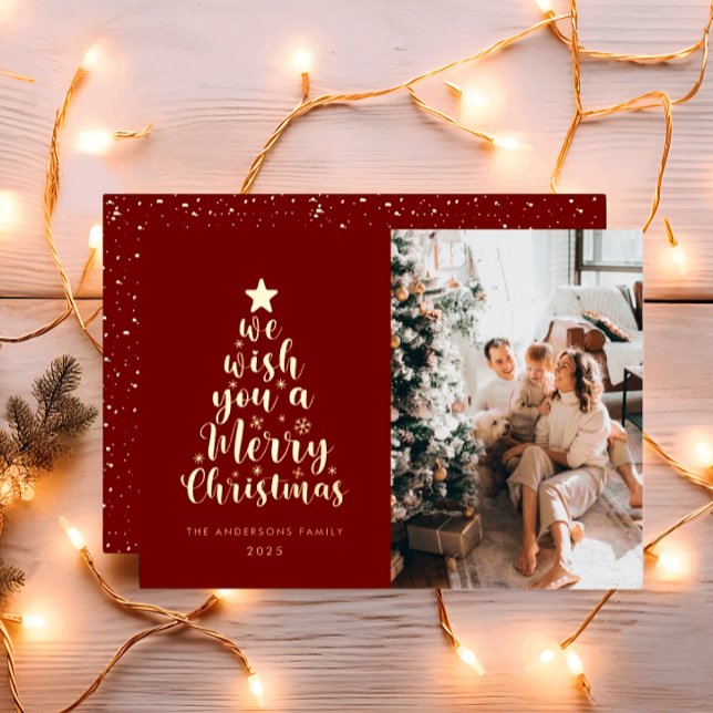 Minimal Script Burgundy Red Merry Christmas  Foil Holiday Card (Creator Uploaded)