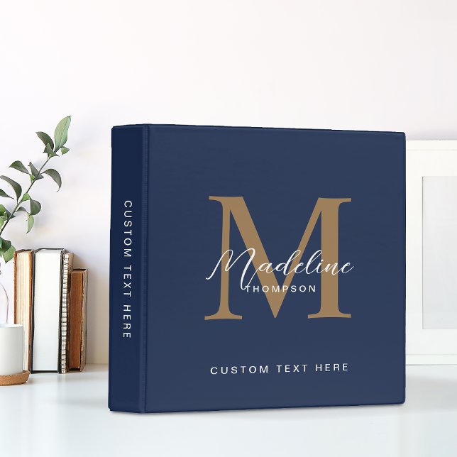 Minimal Script Calligraphy Navy Blue Gold Monogram Binder (Creator Uploaded)