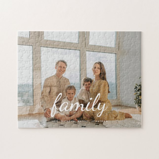 Minimal Script Custom Family Photo & Names Jigsaw Puzzle (Horizontal)