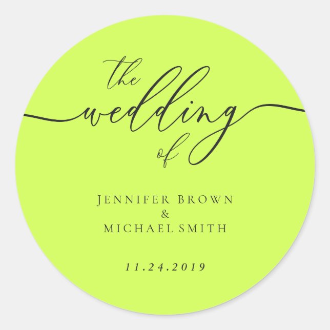 Minimal Script Cyber Lime Jet Black Wedding Classic Round Sticker (Front)