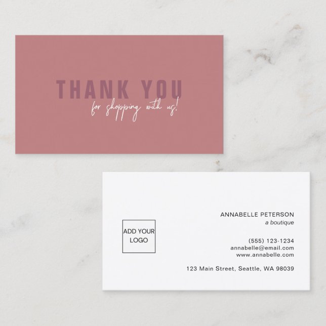 Minimal Script Dusty Rose Thank You Logo Business Card (Front/Back)