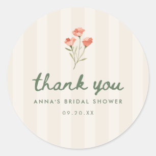 Minimal Script Floral "Thank You" Bridal Shower Classic Round Sticker