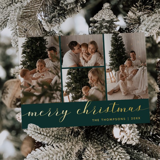 Minimal Script Four Photo Green Merry Christmas Foil Holiday Card (Creator Uploaded)