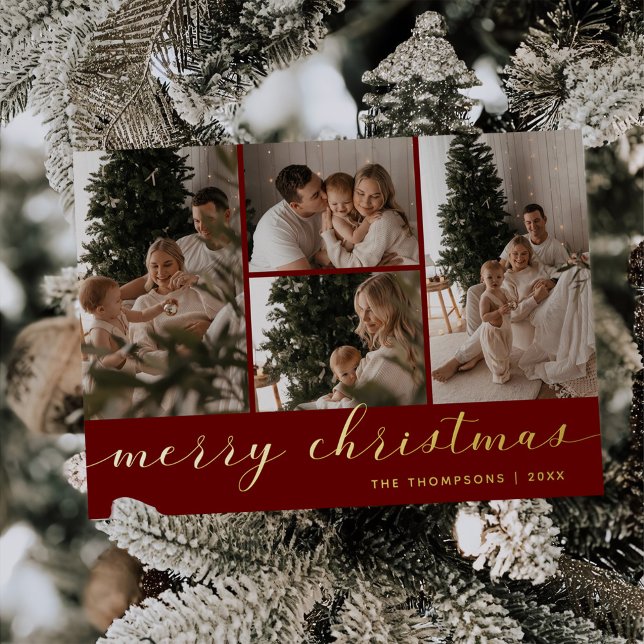 Minimal Script Four Photo Red Merry Christmas Foil Holiday Card (Creator Uploaded)