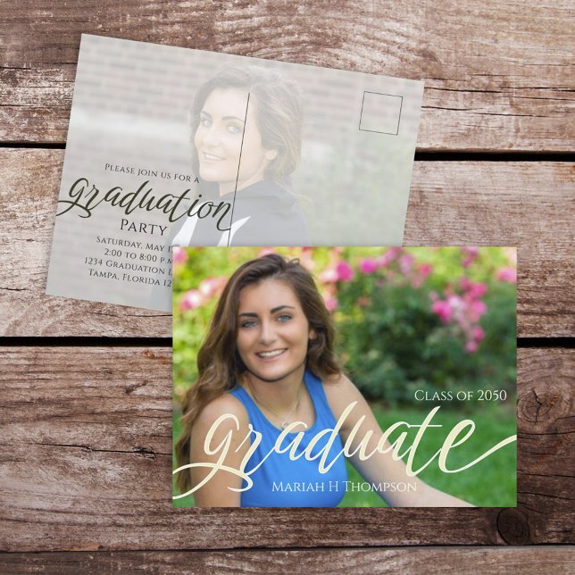 Minimal Script Graduation Photo Invitation Postcard (Classic senior photo design with elegant graduation typography.)