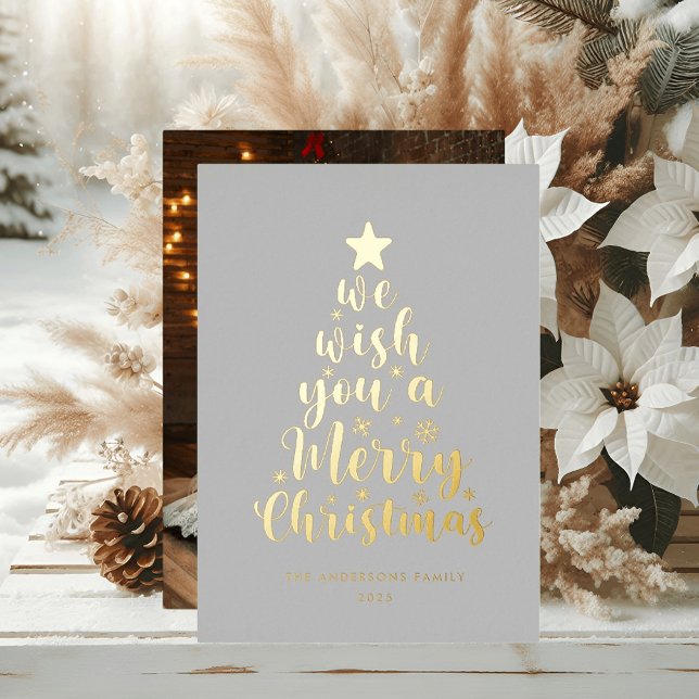 Minimal Script Grey Real Foil Merry Christmas  Foil Holiday Card (Creator Uploaded)