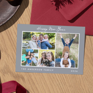 Minimal Script Happy New Year Photo Collage Holiday Card