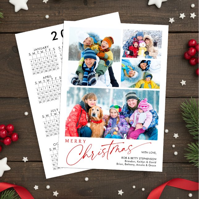 Minimal Script Merry Christmas 4 Photos Calendar Holiday Card (Creator Uploaded)