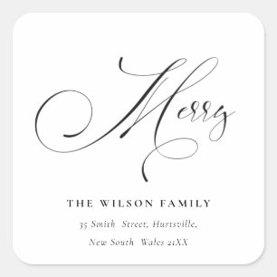 Minimal Script Merry Christmas Greeting Address Square Sticker
