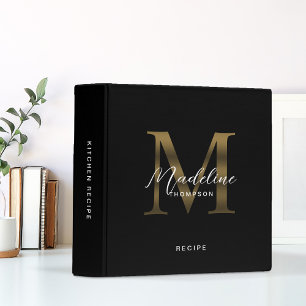 Minimal Script Metallic Black Gold Monogram Recipe Binder
