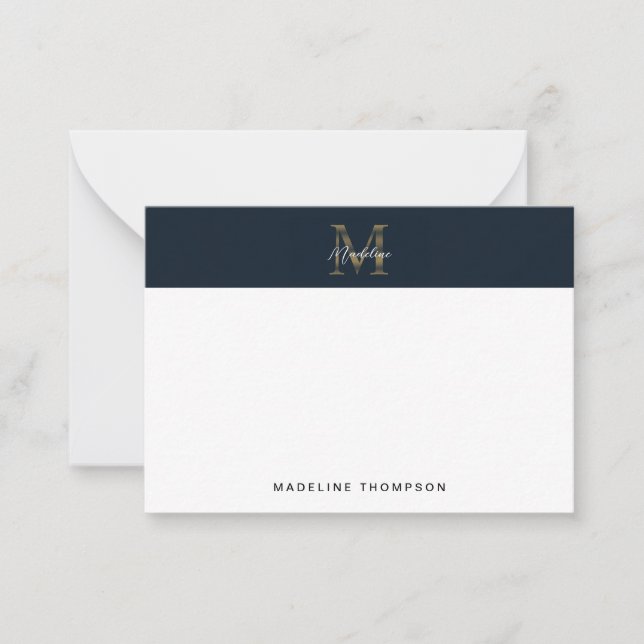 Minimal Script Metallic Navy Blue Gold Monogram Card (Front)