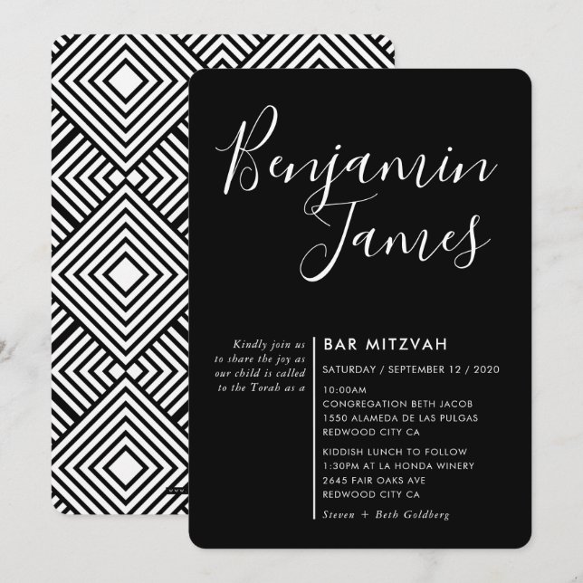 MINIMAL SCRIPT modern Bar Mitzvah black white Invitation (Front/Back)