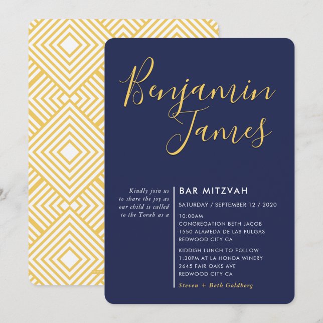 MINIMAL SCRIPT modern Bar Mitzvah navy blue gold Invitation (Front/Back)