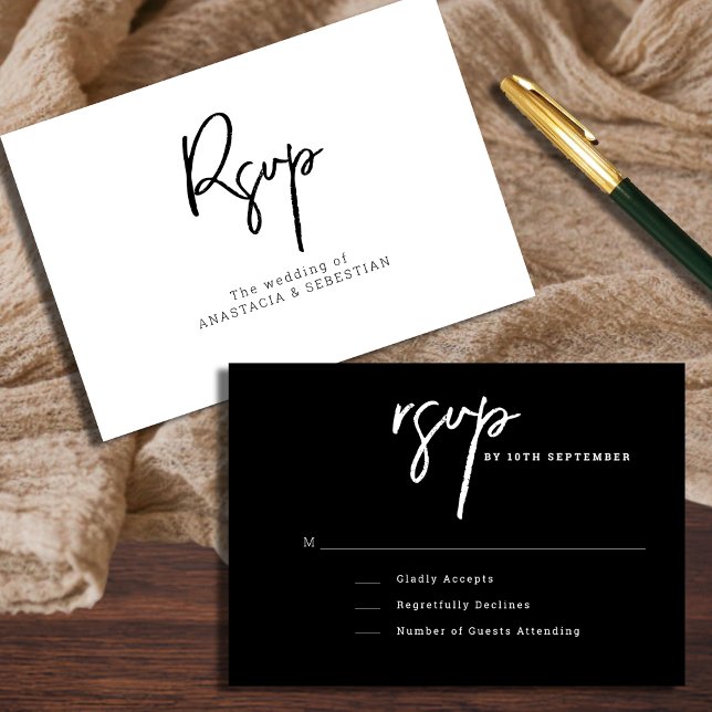 Minimal Script Modern Black and White Wedding RSVP Card (Minimal Script Modern Black and White Wedding RSVP Card)