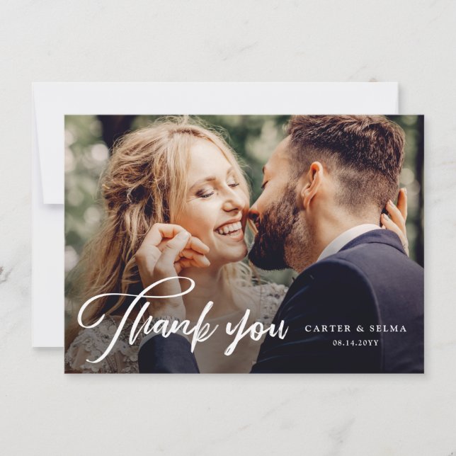 Minimal Script Modern Photo Wedding Thank You Card (Front)