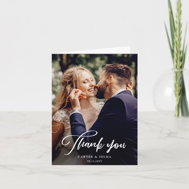 Minimal Script Modern Photo Wedding Thank You Card (Front)