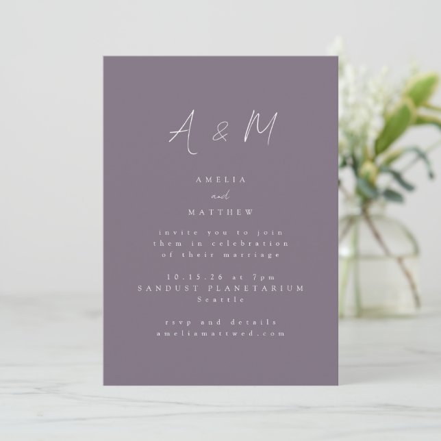 Minimal Script Monogram Boho Dusty Purple Wedding Invitation (Standing Front)