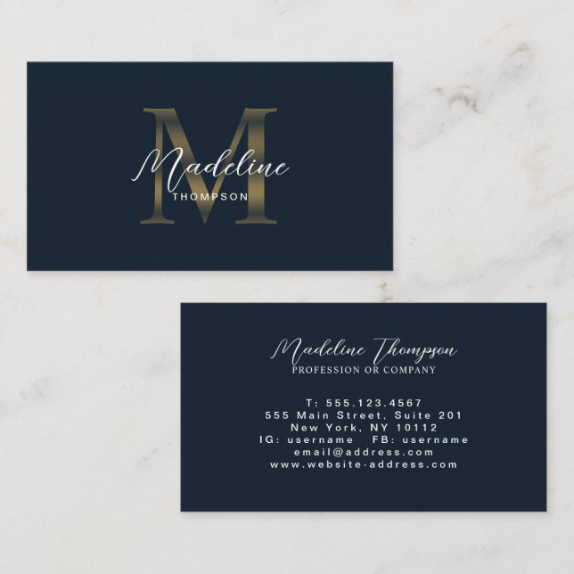 Minimal Script Navy Blue Metallic Gold Monogram Business Card (Front/Back)