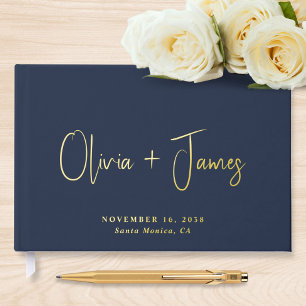Minimal Script Navy Blue Wedding Guest Book