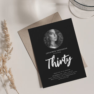 Minimal Script Photo 30th Birthday Black  Invitation