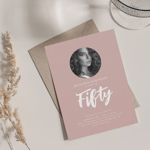 Minimal Script Photo 50th Birthday Dusty Rose Pink Invitation