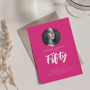 Minimal Script Photo 50th Birthday Party Hot Pink  Invitation