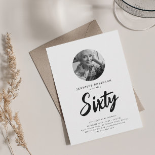Minimal Script Photo 60th Birthday Black White  Invitation