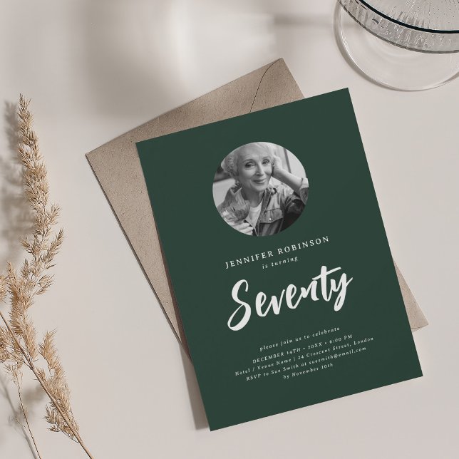 Minimal Script Photo 70th Birthday Emerald  Invitation (Minimal Script Photo 70th Birthday Emerald Invitation)