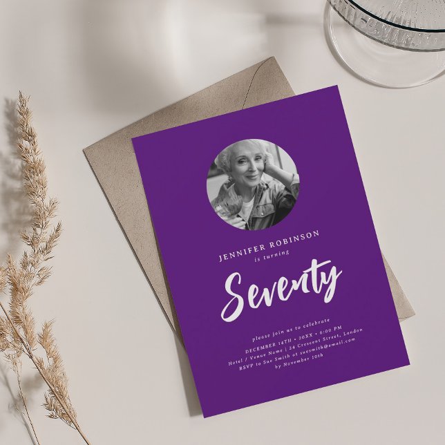 Minimal Script Photo 70th Birthday Party Purple Invitation (Minimal Script Photo 70th Birthday Party Purple Invitation)