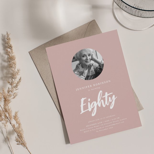 Minimal Script Photo 80th Birthday Dusty Rose Pink Invitation (Minimal Script Photo 80th Birthday Dusty Rose Pink Invitation)