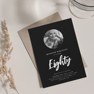 Minimal Script Photo 80th Birthday Party Black  Invitation