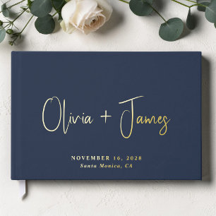 Minimal Script Photo Blue Wedding Guest Book
