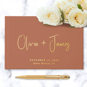 Minimal Script Photo Terracotta Wedding Gold Guest Book