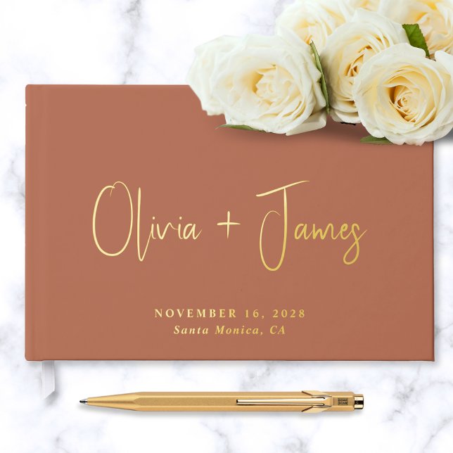 Minimal Script Photo Terracotta Wedding Gold Guest Book (Creator Uploaded)