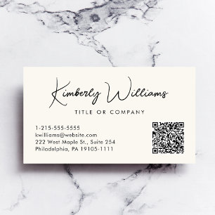 Minimal Script QR Code Professional Cream Business Card