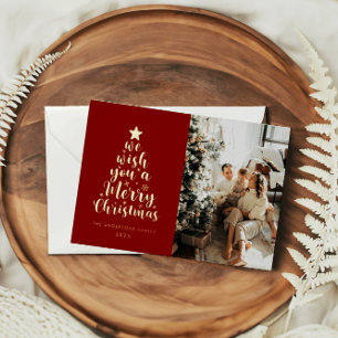 Minimal Script Red Gold Real Foil Merry Christmas Holiday Card