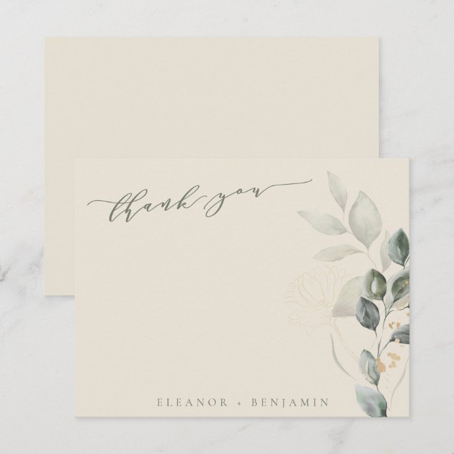 Minimal Script Rustic Gold Greenery Flat Wedding  Thank You Card (Front/Back)