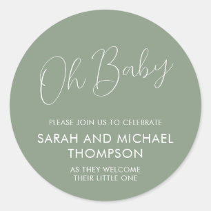 Minimal Script Sage Green Oh Baby Classic Round Sticker