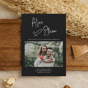 Minimal Script Signature Heart Photo Black Invitation