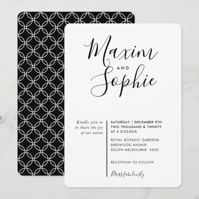 MINIMAL SCRIPT simple modern wedding black white Invitation (Front/Back)