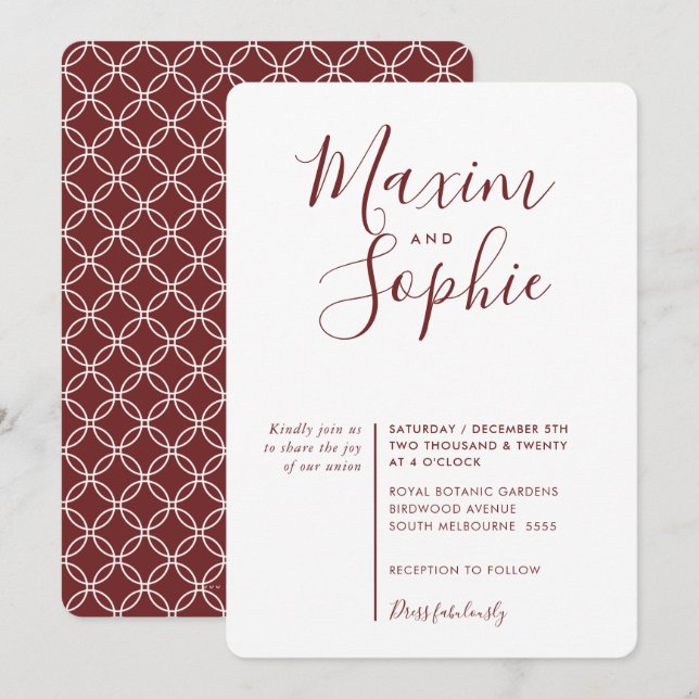 MINIMAL SCRIPT simple modern wedding dark red wine Invitation (Front/Back)