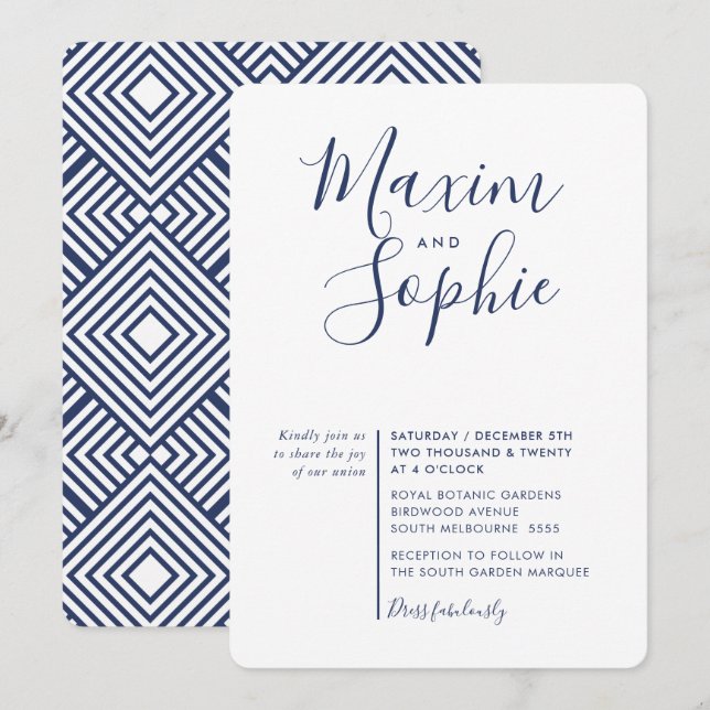 MINIMAL SCRIPT simple modern wedding navy blue Invitation (Front/Back)
